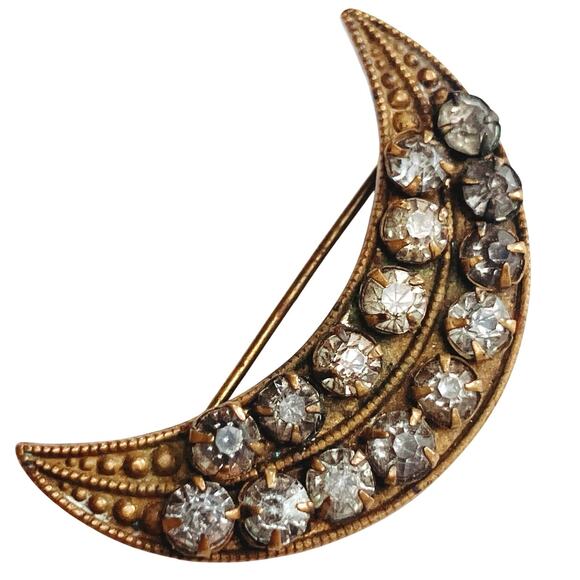 Unusual Antique Victorian Crescent Moon Brooch Prong Set Rhinestones Pin 1880s - Picture 1 of 8